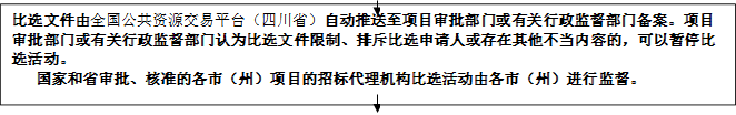 比選文件由全國(guó)公共資源交易平臺(tái)（四川?。┳詣?dòng)推送至項(xiàng)目審批部門或有關(guān)行政監(jiān)督部門備案。項(xiàng)目審批部門或有關(guān)行政監(jiān)督部門認(rèn)為比選文件限制、排斥比選申請(qǐng)人或存在其他不當(dāng)內(nèi)容的，可以暫停比選活動(dòng)。
   國(guó)家和省審批、核準(zhǔn)的各市（州）項(xiàng)目的招標(biāo)代理機(jī)構(gòu)比選活動(dòng)由各市（州）進(jìn)行監(jiān)督。


